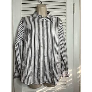 Classic Jones New York Signature brown white striped 100%‎ cotton blouse L